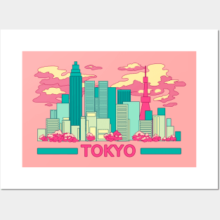 The colorful Tokyo skyscrapers and the cherry blossom Posters and Art